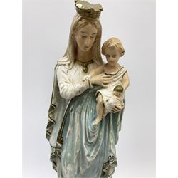 An early 20th century painted plaster figure modelled as Madonna and child, H43.5cm. 