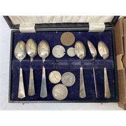 Five silver Coronation spoons by R Bond & Co, hallmarked Sheffield 1934 and 1935, together with another further stamped Nc Co, and 1934 Irish silver Florin, Switzerland 1967 1/2 Franc, Sweden 1875 Krona, 1 Franc etc
