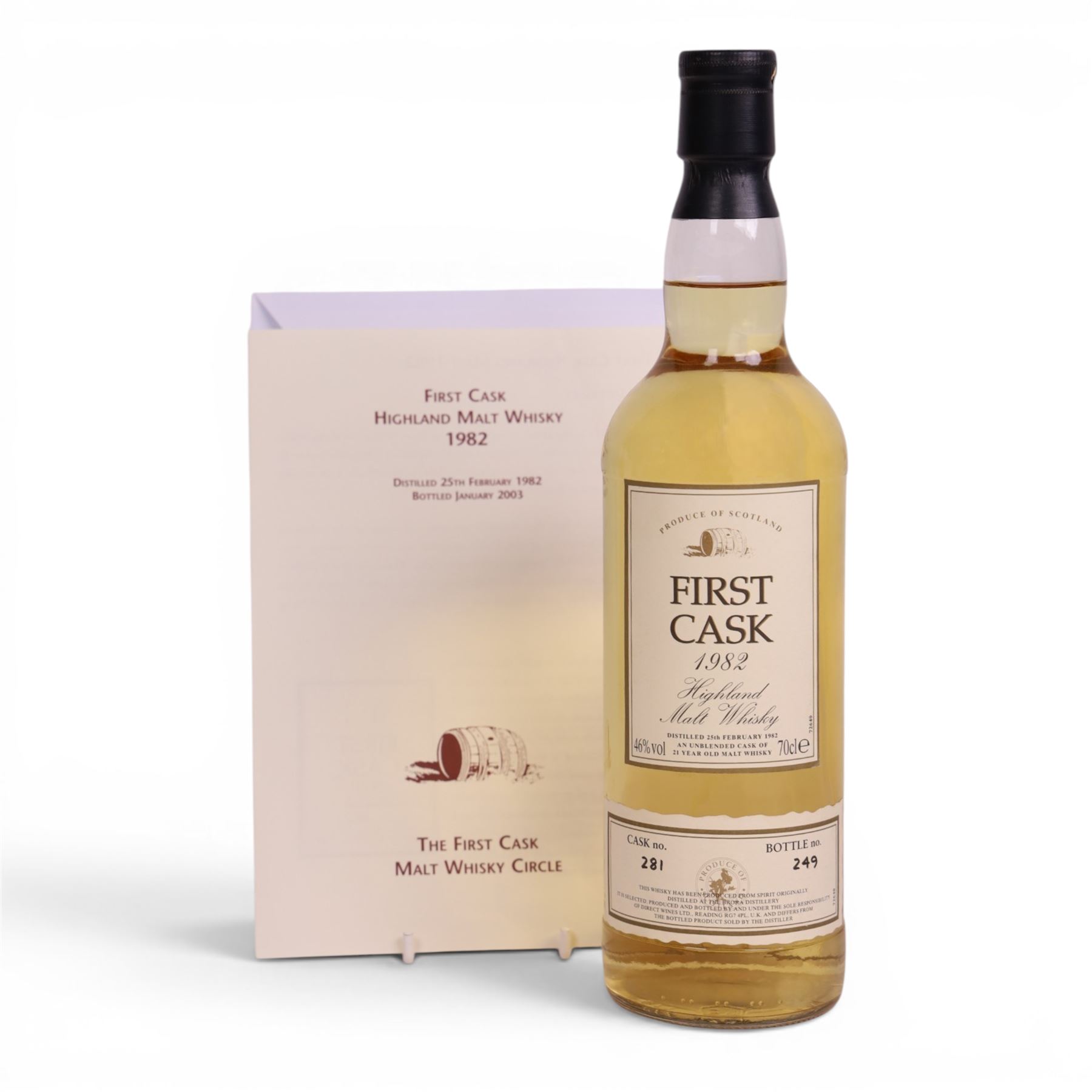 Brora, 21 year old Highland malt whisky, 70cl 46% vol,  First Cask; distilled 25th February 1982, bottled January 2003, from cask number 281, bottle number 249, with certificate 