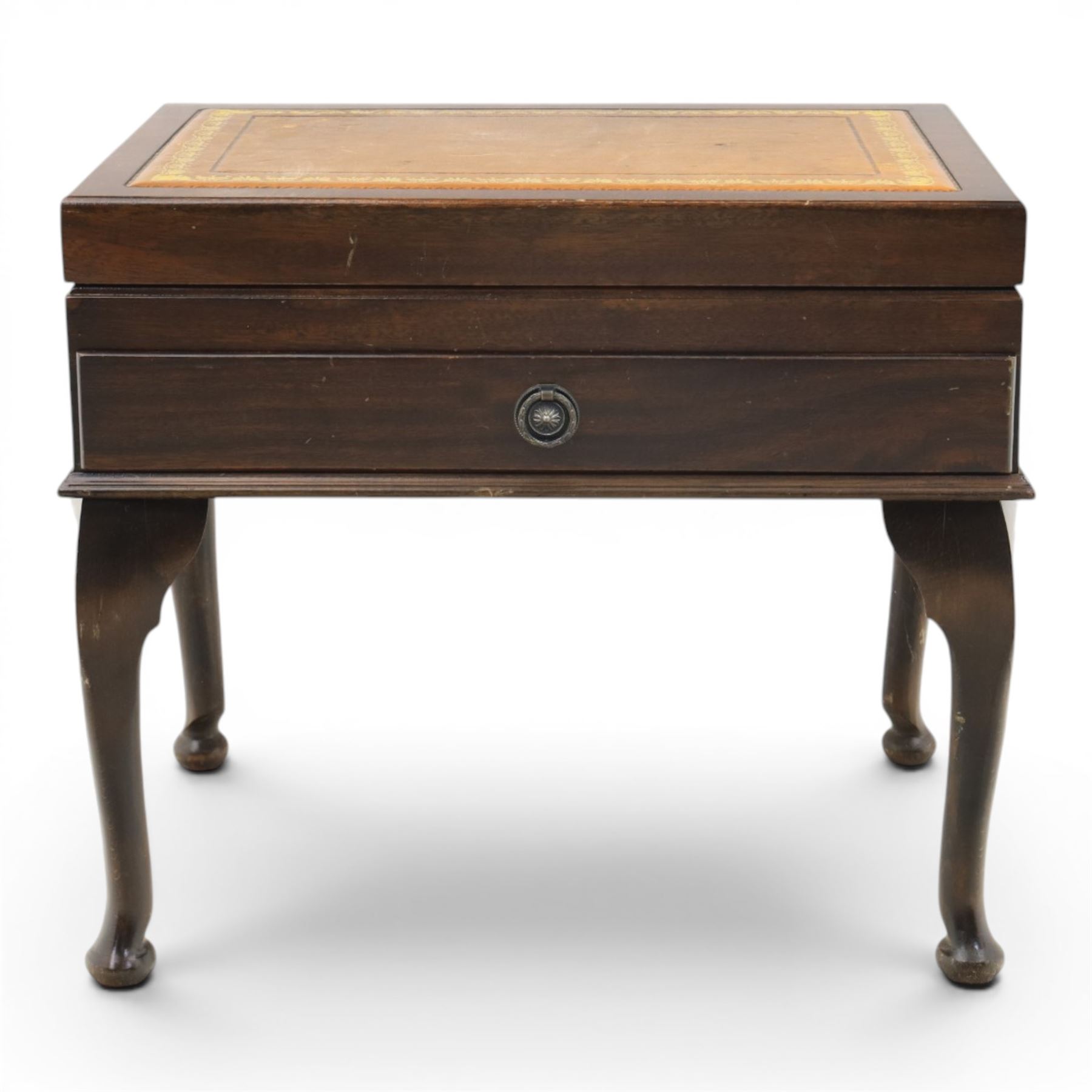20th century mahogany canteen table, rectangular hinged top inset with gilt tooled leather writing surface, opening to fitted interior containing silver plated cutlery, with lower fitted drawer, on cabriole supports with pad feet