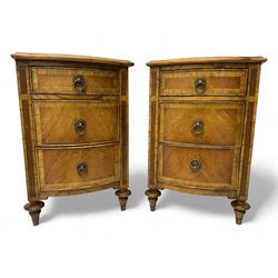 Frank Hudson - pair of mid-20th century Mindi ash and burr walnut bedside chests, bow-fronted and crossbanded top over three graduated drawers, on turned supports