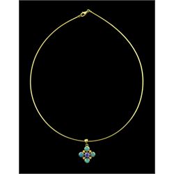 14ct gold opal, tanzanite and diamond pendant, stamped 585, on 9ct gold Omega link chain necklace, hallmarked