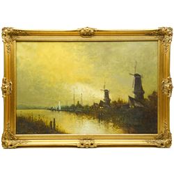 W E Smith (Continental 20th century): Dutch Windmills on the Riverside, oil on canvas signed 60cm x 90cm