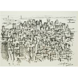 Stephen Wiltshire (British 1974-): 'View of Empire State Building - New York', pen and ink signed and dated '07, titled on certificate of authenticity verso 19cm x 26cm

Notes: Wiltshire is a renowned autistic savant who can produce detailed architectural drawings from memory after viewing a scene just once. He has been compared to the character of Raymond Babbitt in the 1988 film Rain Man, which the artist considers one of his favourite films. In 2006, he was awarded an MBE and opened a permanent gallery on the Royal Opera Arcade in London.