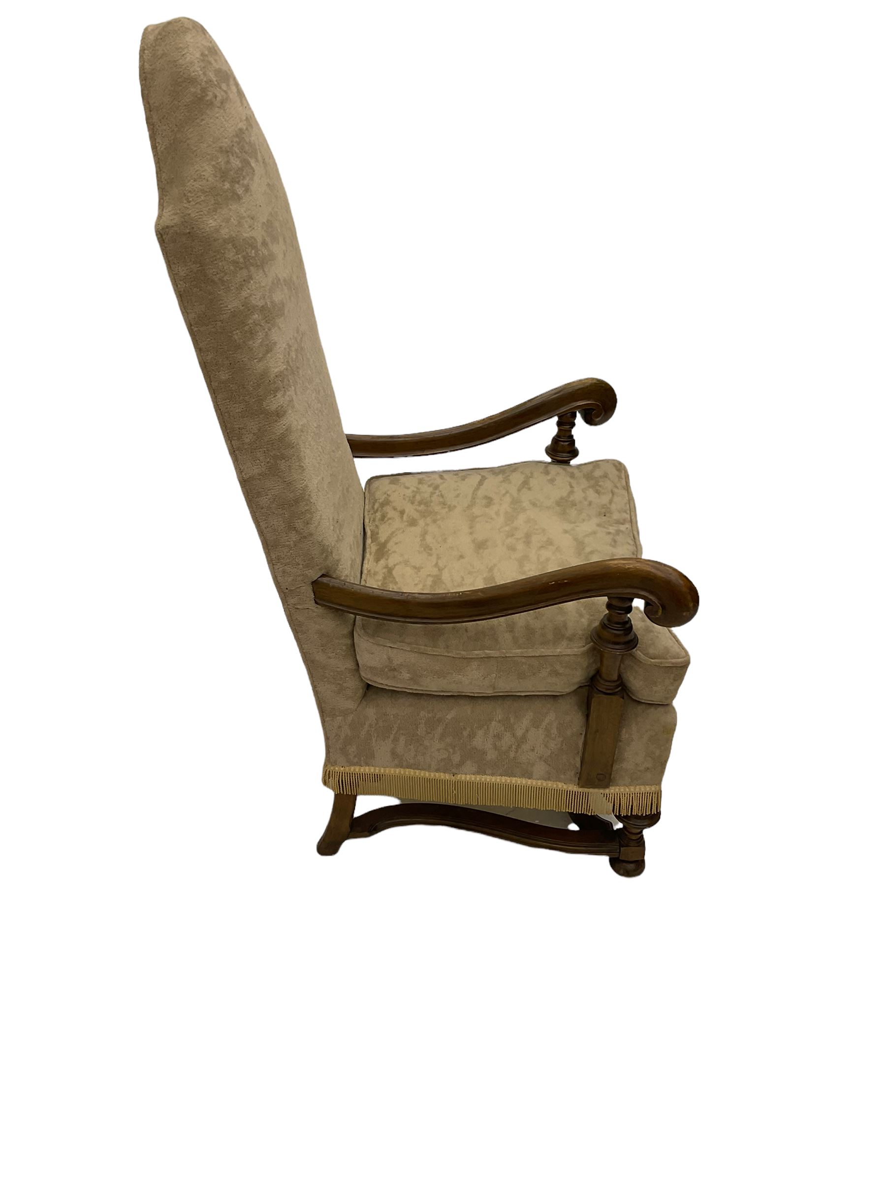 18th century design Continental walnut framed armchair, high shaped back, scroll arms