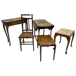 Early 19th century mahogany card table, fold over top, folding mirror, chessboard table, two stools, bedroom chair, low chair, oak drop leaf table, suitcase an oak nest of two tables (10)