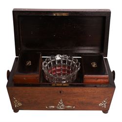 Victorian mother of pearl inlaid rosewood sarcophagus-shaped tea caddy, together with a brass bound writing slope and one other 