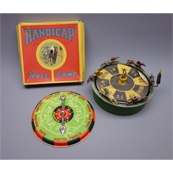  'The Victory' die-cast metal horse racing game of drum shaped form  with revolving paper covered centre D23cm and 'The Handicap Race Game' with tin-plate spinner, in box doubling as playing board (2)  