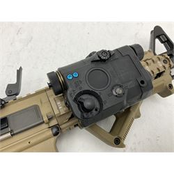 Combat Machine lithium battery powered airsoft BB rifle, 'Complete AEG Series' to fire 5mm pellets, with adjustable length stock L69cm non-extended; with six magazines, Trijicon ACOG red dot telescopic sight, battery charger etc (NO BATTERIES)