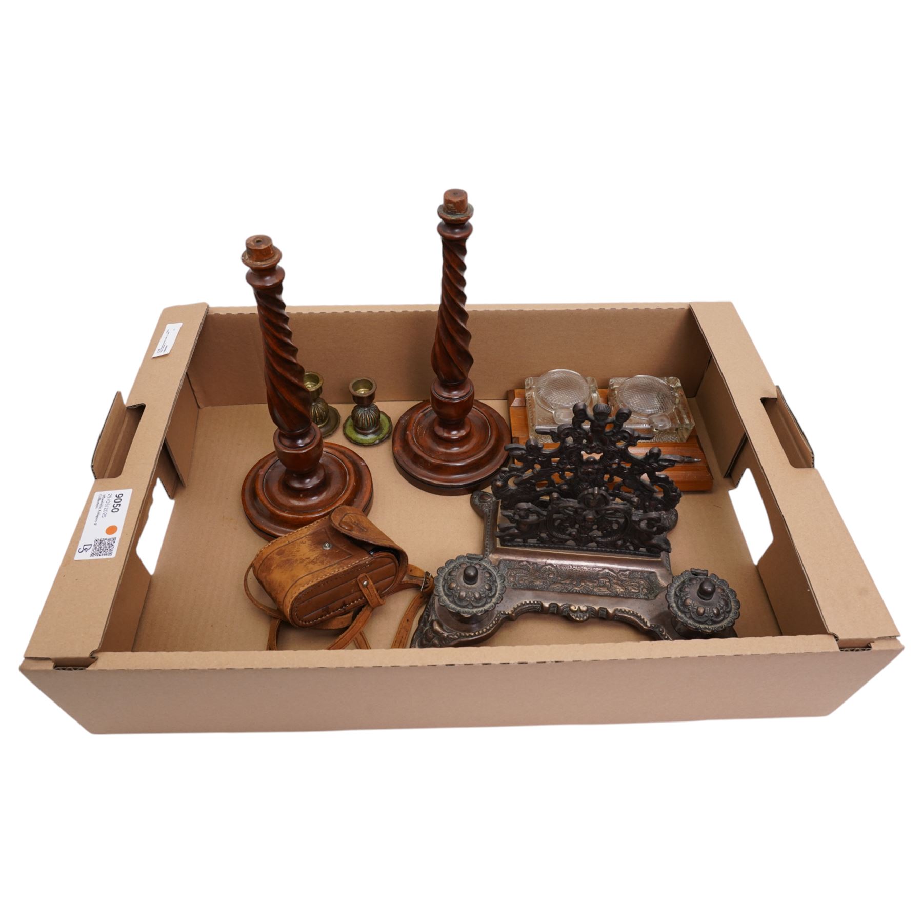 Pair of mahogany spiral column candlesticks, Indian inkstand, wooden inkstand and a pair of Earth Superior opera glasses in leather case