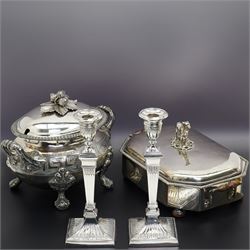 Pair of Georgian design plated candlesticks on square bases H26cm, plated hot water dish, ...