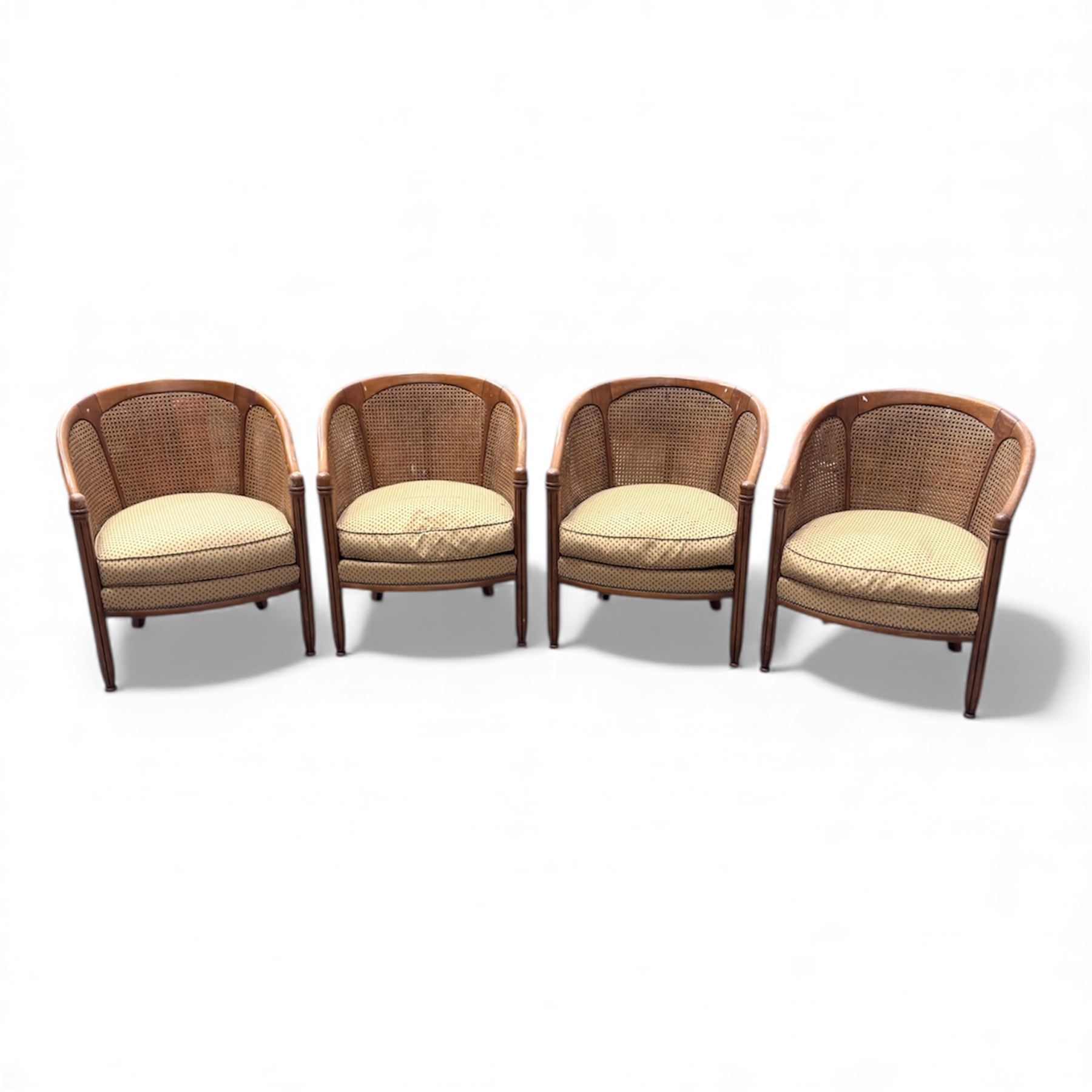 Set of four bergere armchairs with woven rattan back and sides