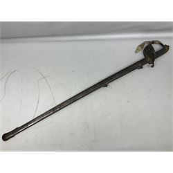 Victorian British Army officer's sword by Hobson & Sons Little Windmill Street London, the 82cm fullered steel blade etched with crowned Victoria cypher and 'HM 1st West York R.V.', lined gilded brass three-bar hilt incorporating Victoria cypher and wire-bound fish skin grip with plaited knot; in steel scabbard with two hanging rings L99cm overall