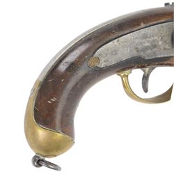 19th century percussion pistol, with round 22cm unsighted barrel with octagonal base, backwards spring lock signed 'PIRLOT FRERES LIEGE'; wooden full stock with brass mounts, belt hook, overall L36cm