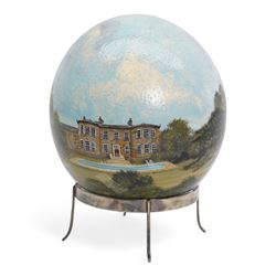 Stella Reading - Ostrich egg painted with a view of Copgrove Hall with the stables and grounds and on a plated stand, signed and dated 1985 H16cm overall
