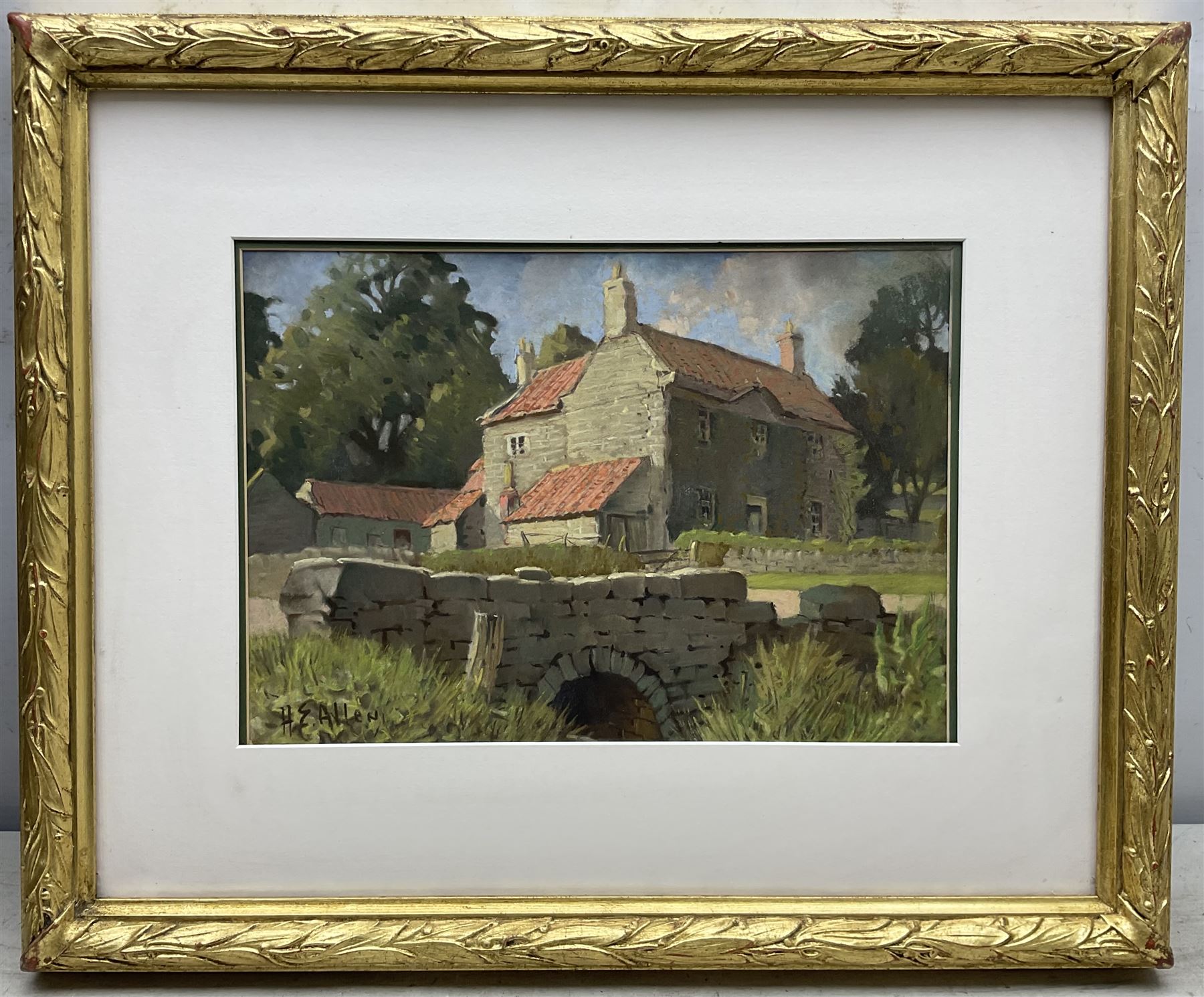 Harry Epworth Allen (Northern British 1894-1958): Stone Farmhouse with Bridge in the Foreground, gouache and pastel signed 23cm x 34cm