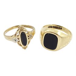 Gold onyx signet ring, gold onyx and diamond chip ring, both hallmarked 9ct