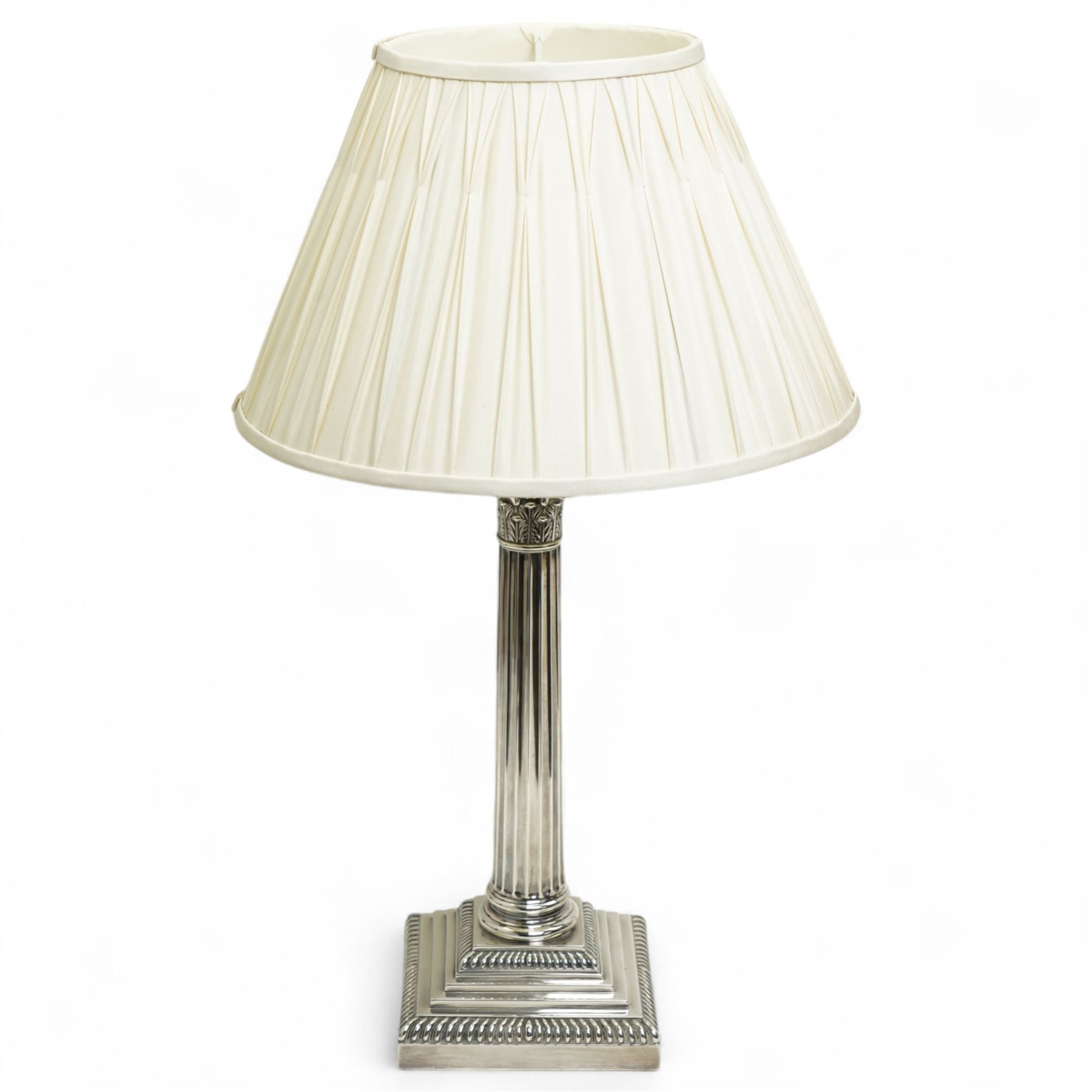  Edwardian Silver Corinthian column table lamp, the stepped square base with gadrooned border and with pleated shade H40cm excluding fitting Sheffield 1908 Maker Hawksworth, Eyre & Co. Ltd.