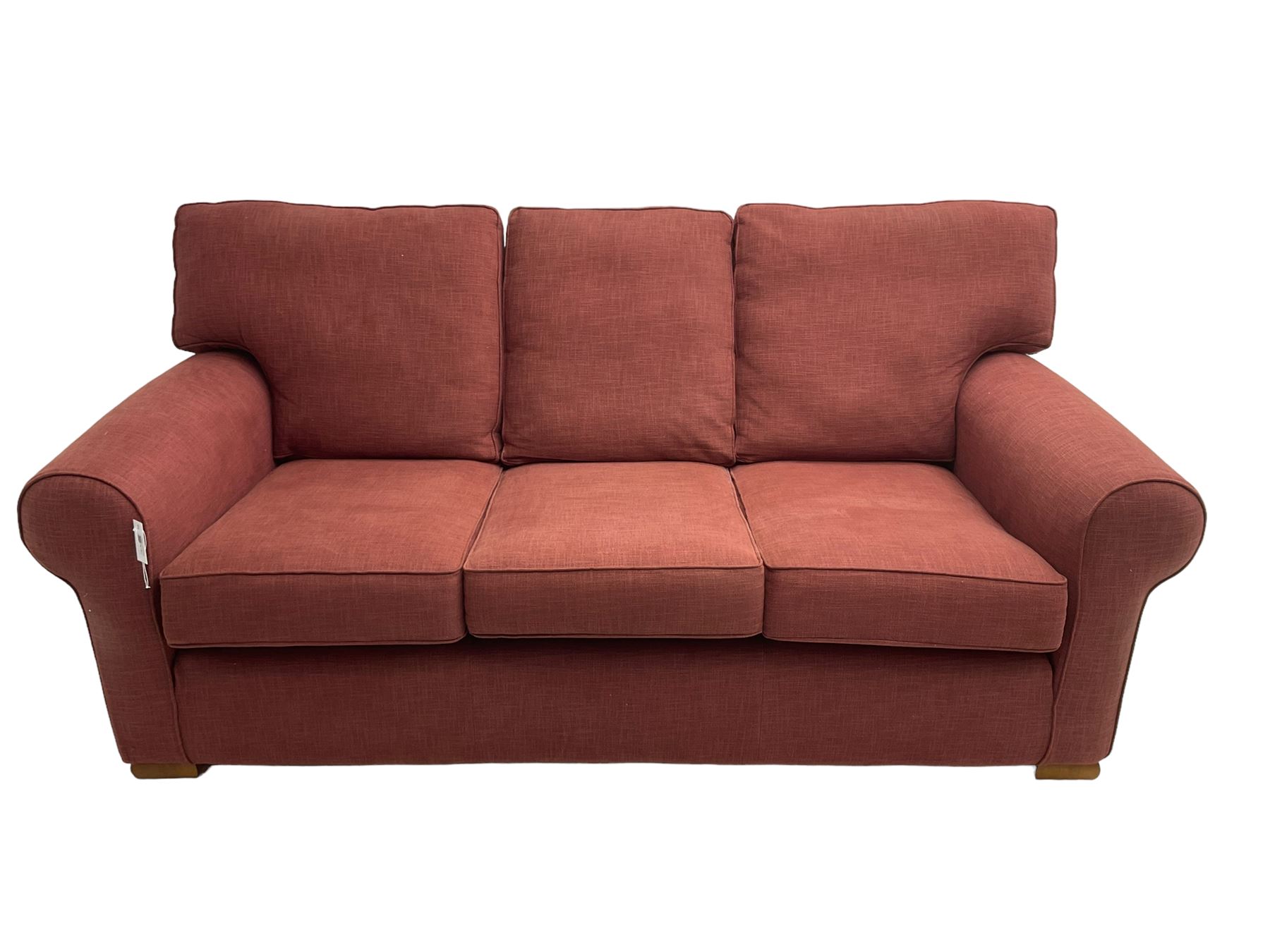 Multiyork - traditional three seat sofa upholstered in claret red fabric (W200cm H80cm); and pair matching armchairs (W103cm) 