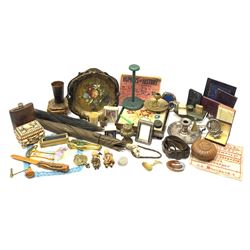 Victorian papier mache plate with swing handle, Victorian framed embroidery, horn beakers, leather blotter, Victorian silver-plated chamber stick, simulated tortoiseshell casket, The Royal Automobile Club badge and miscellanea in two boxes