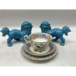 Royal Doulton figures Dinky Do HN 1678 and Lydia HN 1908, early 20th century Wedgwood teacup trio decorated with exotic birds, Coalport figure, Royal Doulton jug and two foo dogs