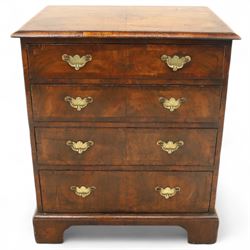 Small 19th century figured walnut chest of drawers, rectangular top with moulded edge over four graduating drawers with brass batwing handles, raised on bracket feet
