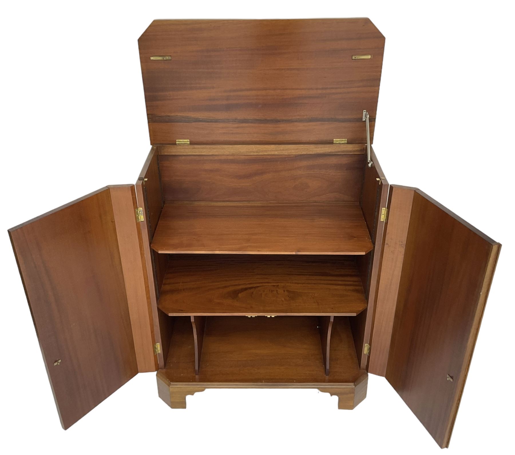 John More of Scarborough -  Edwardian Revival 'Canterbury Cabinet' inlaid mahogany cabinet, fitted with double cupboard decorated with urn motif inlays and banding, flanked by canted fluted uprights, on bracket feet
