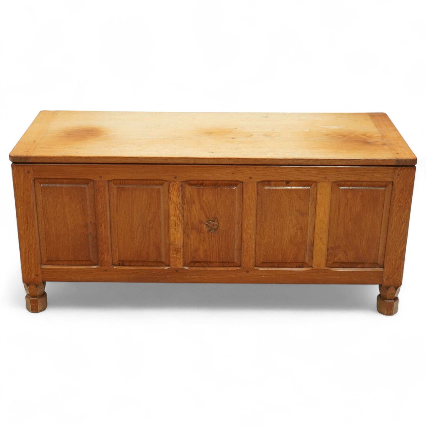 Wrenman - blanket chest, double hinged top, with signature Wren carving from the workshop of Robert Hunter