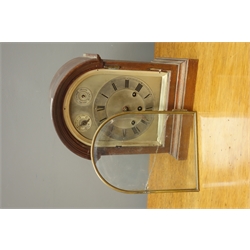  Early 20th century mahogany cased mantel clock with 'Gustav Becker' triple train driven chiming movement (H29cm), and an Edwardian mahogany mantel clock with inlay  