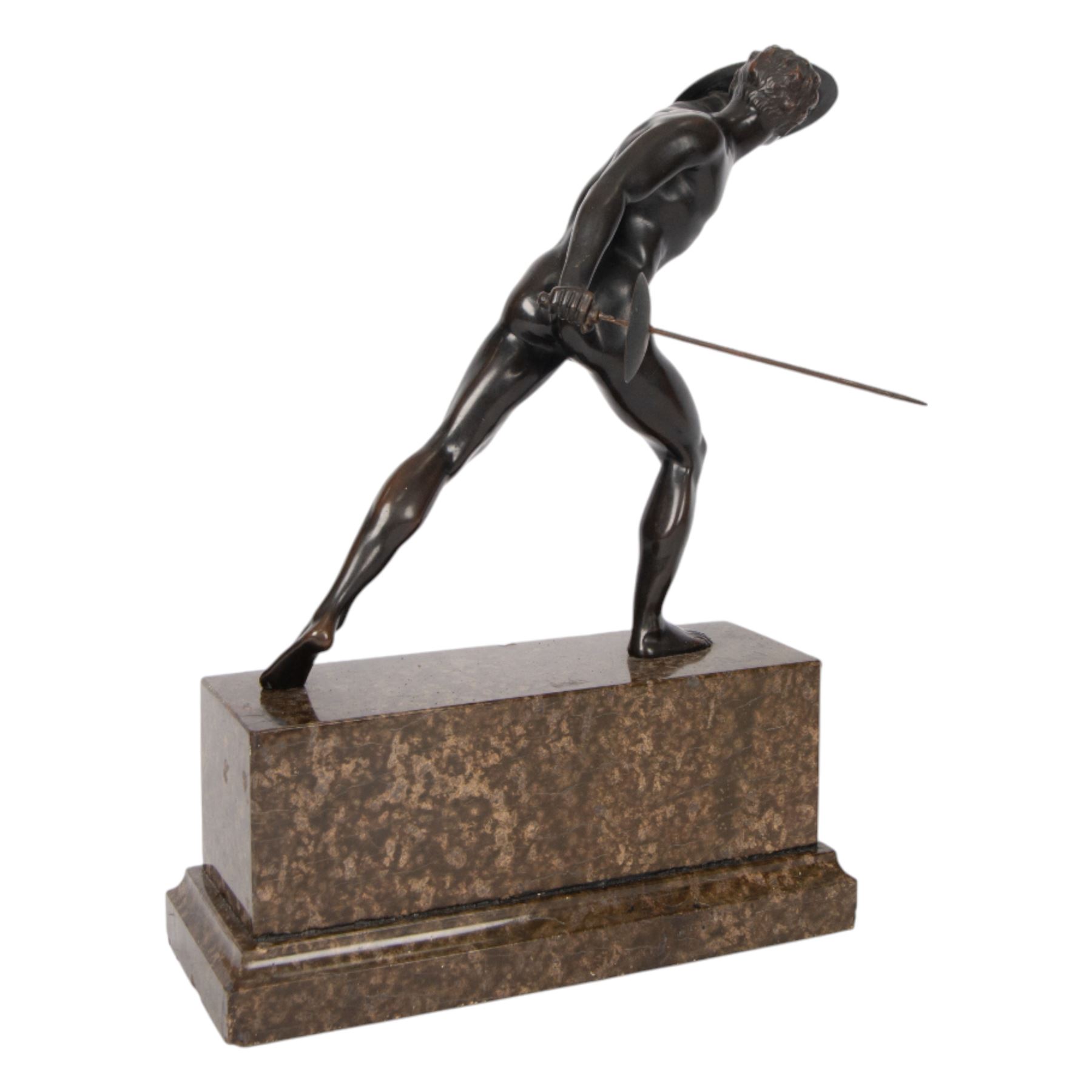 Third Reich; bronze sculpture, after Arno Breker modelled as a Gladiator upon a stepped rectangular marble base, belonging to Hans Christian Weber, gifted to him on the Day of German Art parade 1938 from Mayor Karl Fiehier, H45cm 