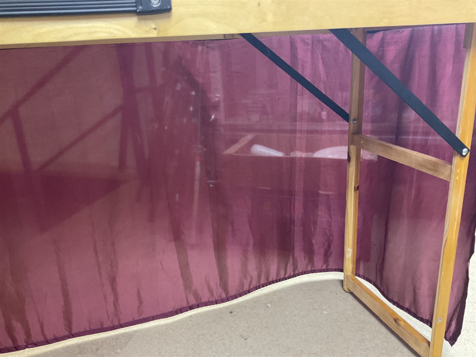 'Z' gauge continental scenic layout with folding legs, various loops of track and sidings with overhead cables, buildings including water tower, tunnels, roads with motor vehicles and figures, trees, haven with boats, backdrop diving wall hiding control units 150 x 50cm