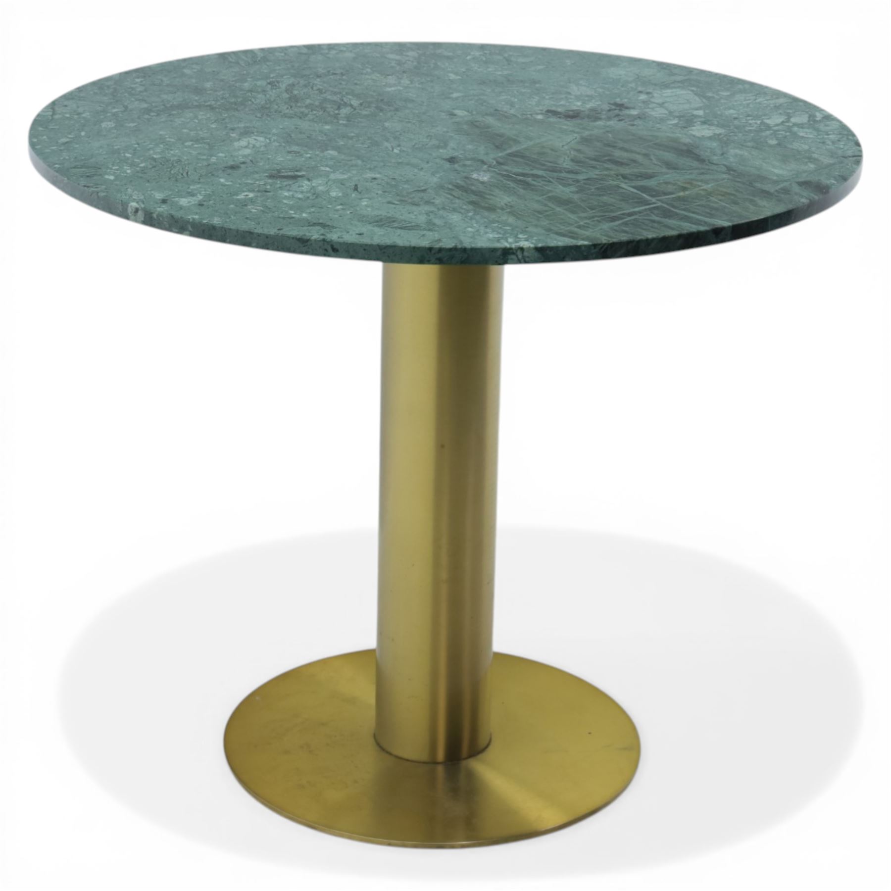 Contemporary marble top pedestal table, green circular marble raised on a brushed brass column  