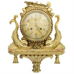 20th century Continental giltwood wall clock, circular dial with Arabic numerals and pierc...