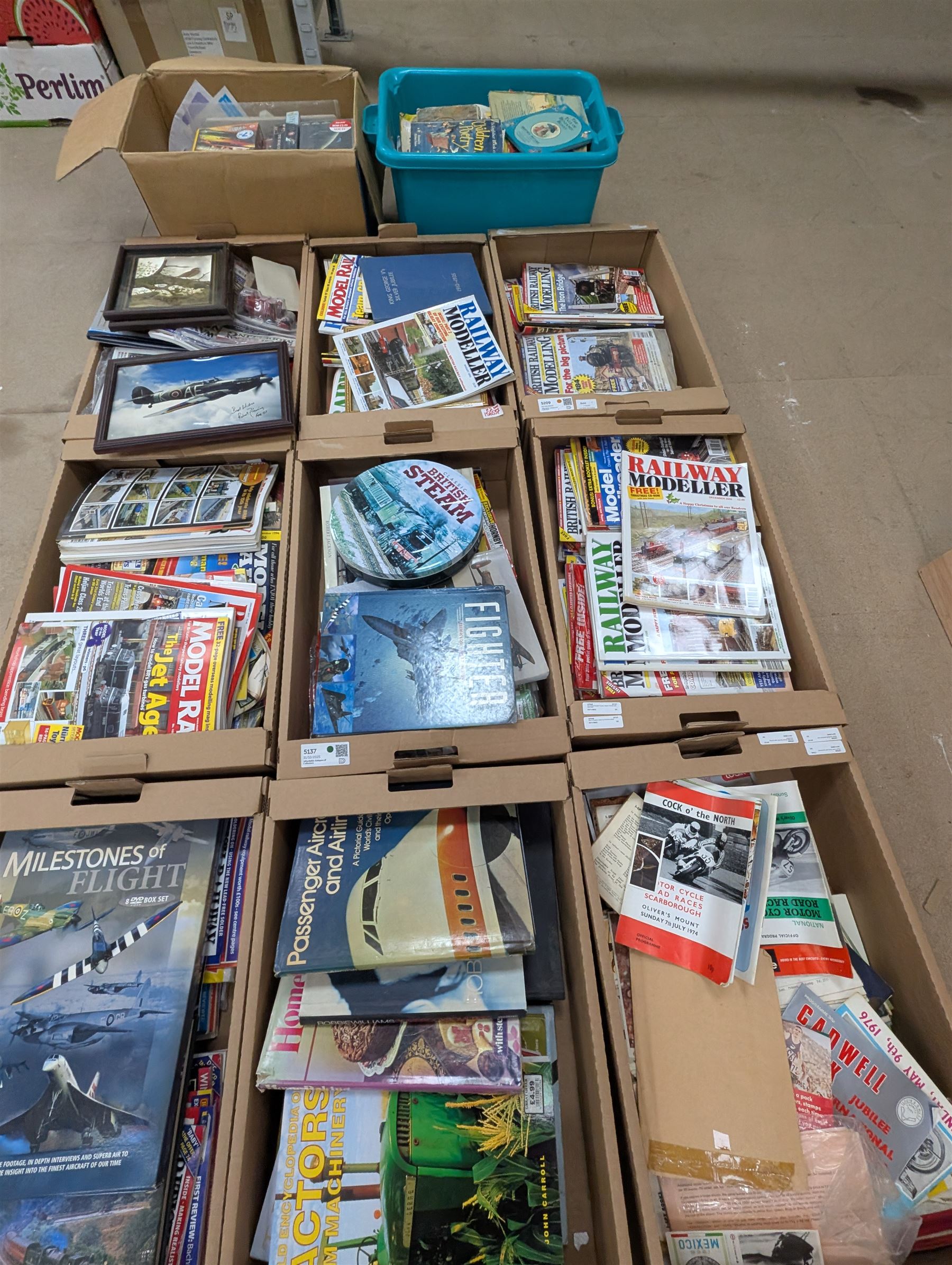 Large collection of model railway magazines, including Railyway Modeller, British Railway Modelling and Model Rail, together with railway and similar reference books, childrens books and VHS tapes in eleven boxes