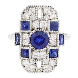 Platinum sapphire and diamond panel ring, milgrain set with round and calibre cut sapphire...