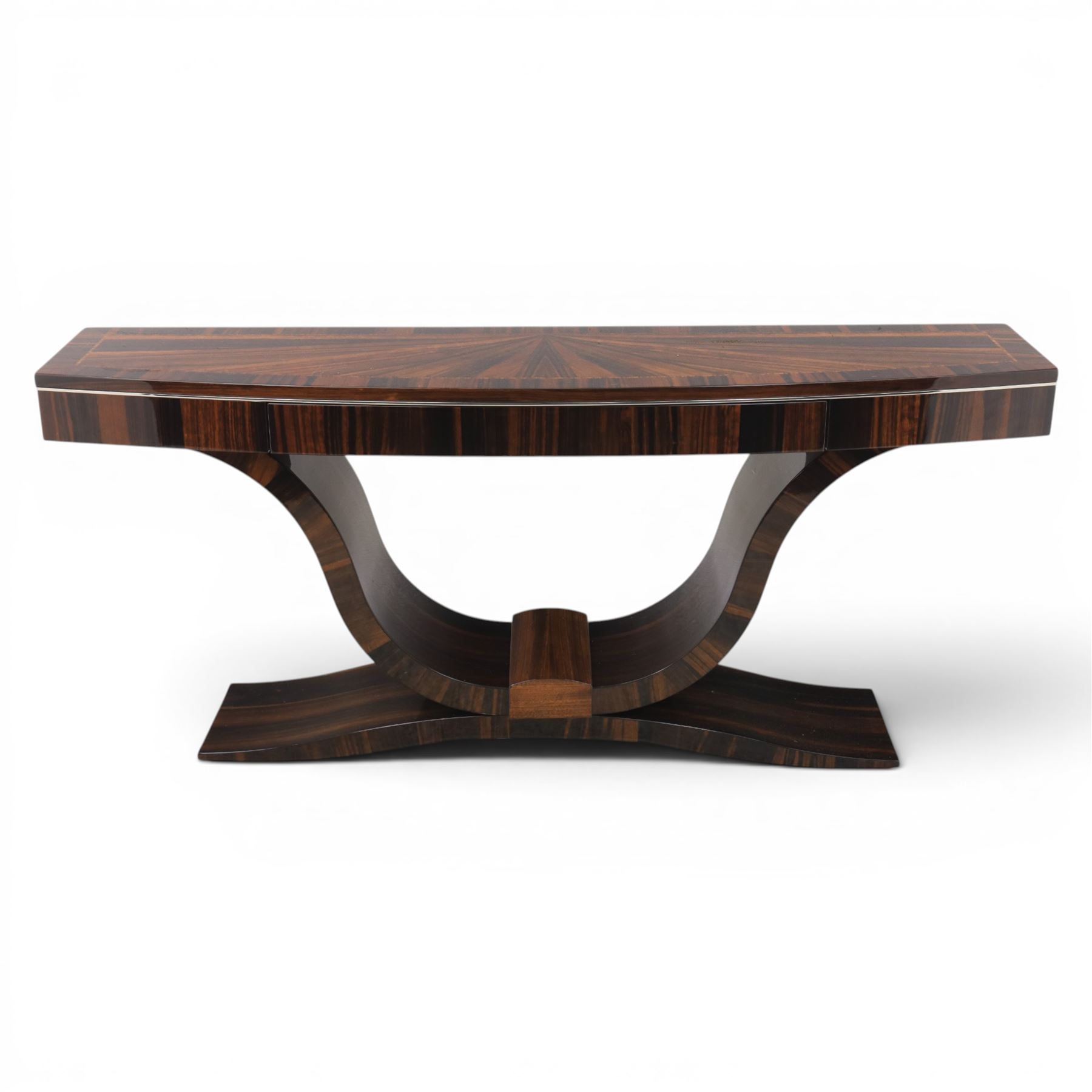 Giorgio Collection - Art Deco design macassar ebony 'Luna' console table, rectangular bow-front top with cross-banding and sun-burst veneer, fitted with single drawer, raised on a curved U-shaped base, retailed by Harrods