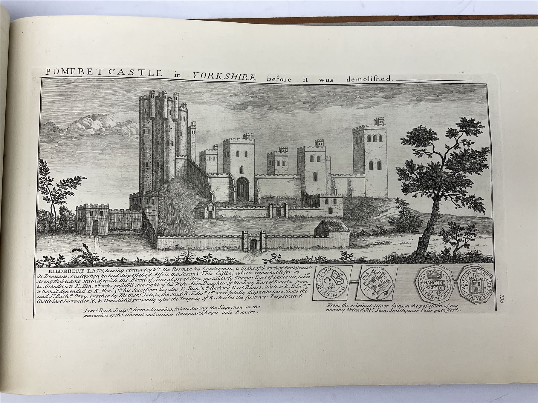 Samuel Buck: Ruins, Abbeys and Castles of Yorkshire. Bound collection of twenty-five engraved views dated 1720 - 1728 including Burstal Abbey Hull, Bolton Abbey, Whitby Abbey, Scarborough Castle, Malton Priory etc and list of subscribers; oblong folio; mottled half leather and suede binding by Etherington, Thorpe & Co., Pudsey