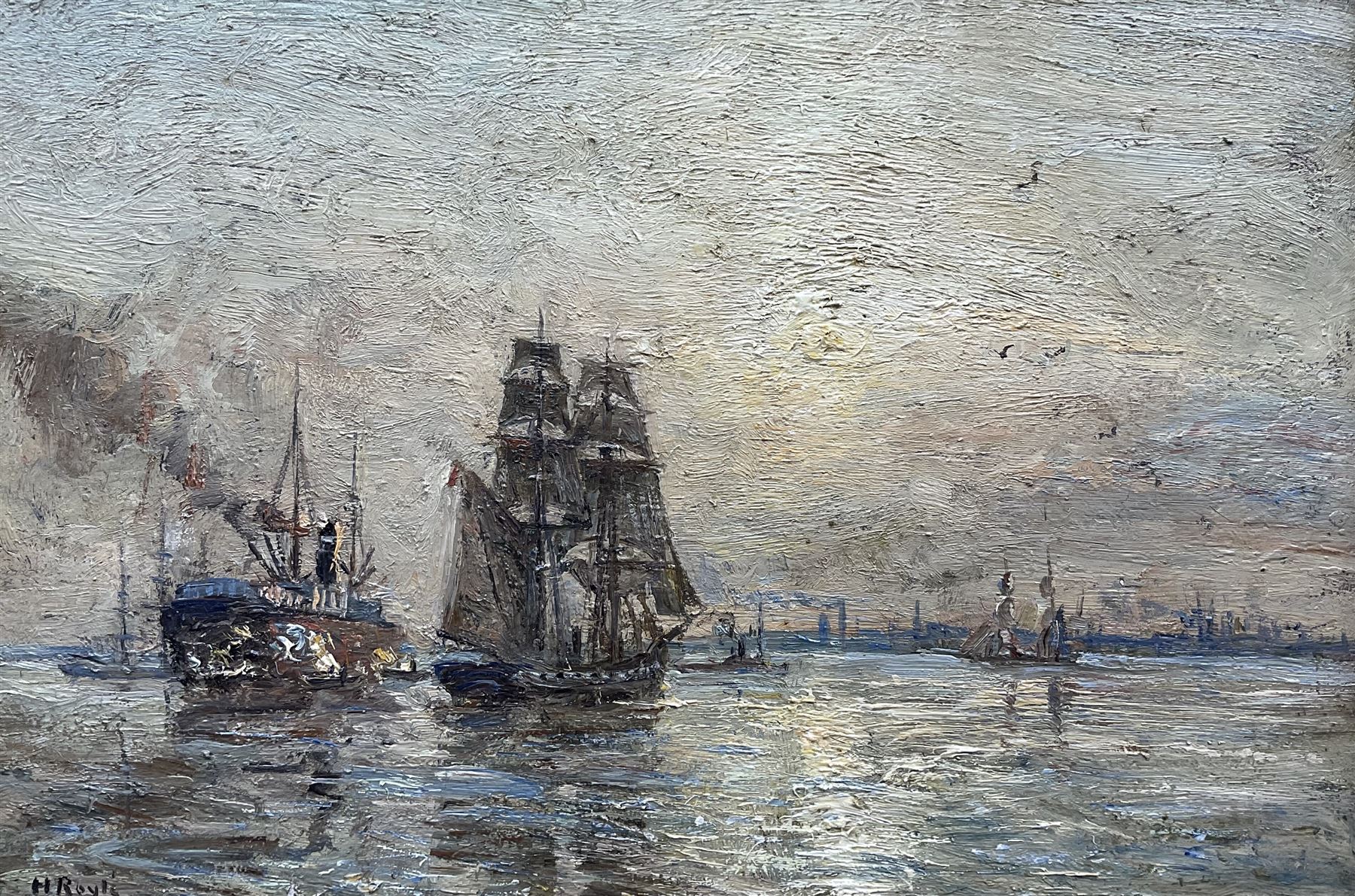 Herbert F Royle (British 1870-1958): Steam and Sail Vessels at Sunset, oil on panel signed 25cm x 37cm
