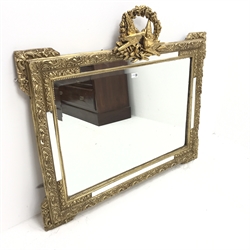 Rectangular classical gilt wall mirror with bird pediment, W109cm x H96cm