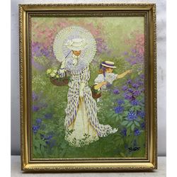 Continental School (20th Century): Mother and Daughter Picking Flowers, oil on canvas indistinctly signed 49cm x 39cm 