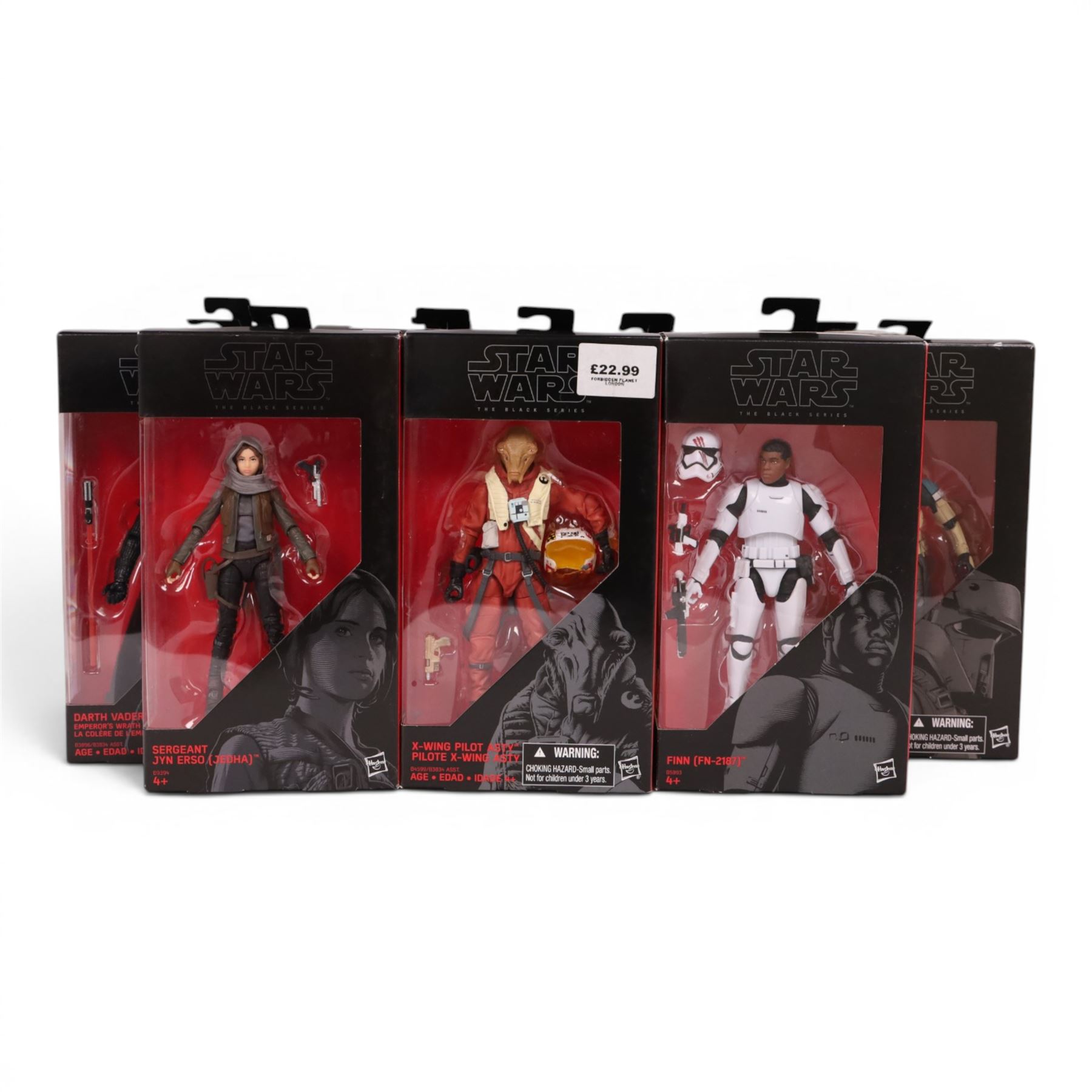 Twenty three Star Wars Black Series Red Wave action figures, comprising Han Solo, Snowtrooper, Imperial Shock Trooper, Tie Fighter Pilot, Chewbacca, Director Krennic, Sabine Wren, Sergeant Gyn Erso, Snowtrooper (Battlofront), Scarif Stormtrooper Squad Leader, Flametrooper, Kylo Ren, Constable Zuvio, Poe Dameron, Guavian Enforcer, X Wing Pilot Asty, Finn, Darth Vader, Stormtrooper, C-3P0, Captain Phasma and Jango Fett,  all boxed