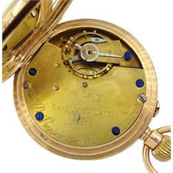 Early 20th century 9ct gold open face keyless lever 'The Bank' pocket watch by J.W.Benson, London, No. 5853, white enamel dial with Roman numerals and subsidiary seconds dial, London 1924, with original box and wooden stand