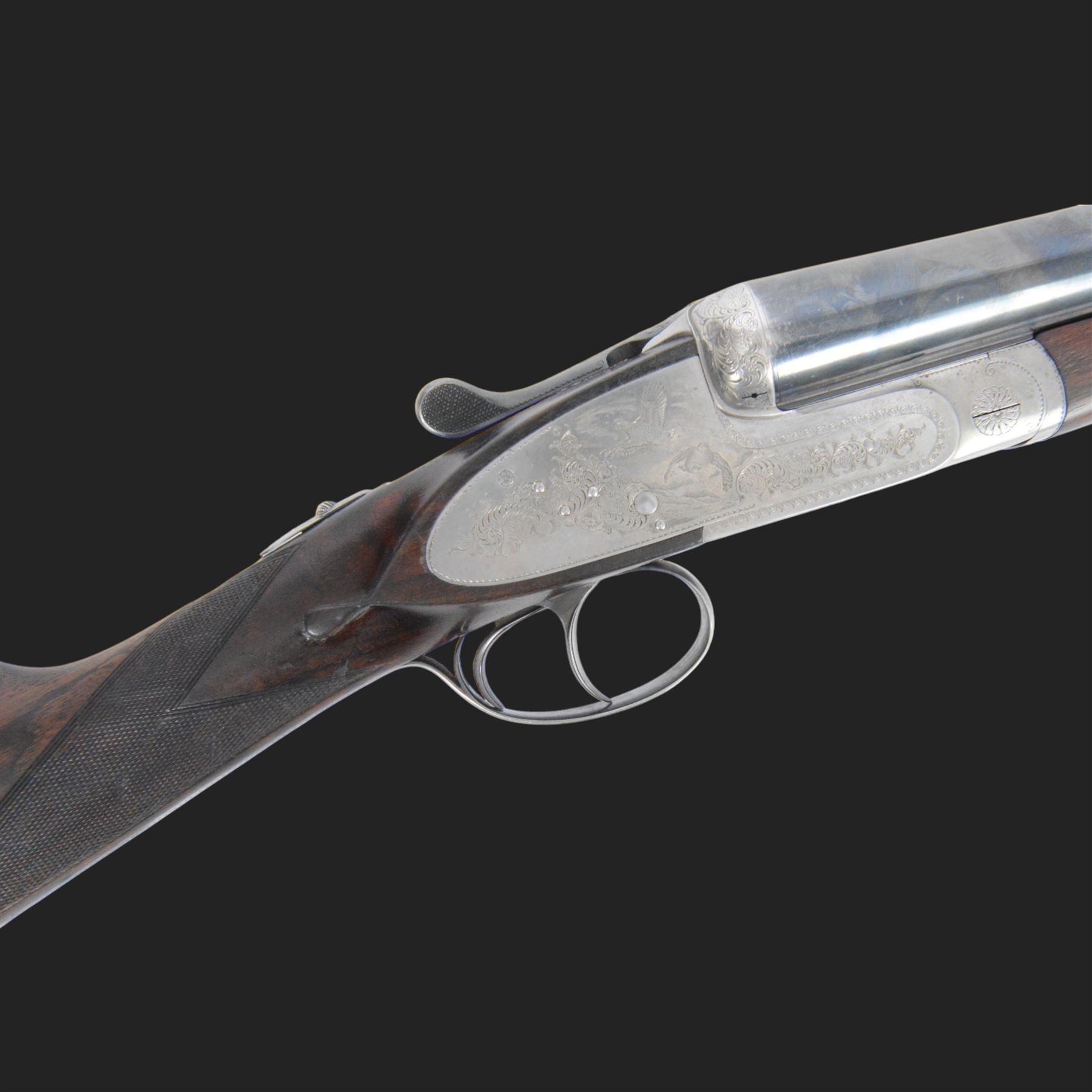 Giovanelli-engraved 12 bore double trigger side plate boxlock ejector, side by side double barrel shotgun with 69cm (27