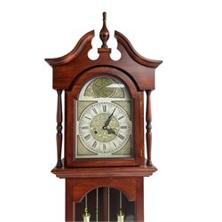 Late 20th century - Mahogany cased spring driven longcase clock, with an etched brass and silvered dial and pierced steel hands, fully glazed trunk door with visible pendulum and dummy weights, striking the hours and half hours on a gong.