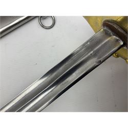 Early 19c French 1st Empire Heavy Cavalry trooper's sword, the 95.5cm double fullered blade with various stamped marks and inscribed Klingenthal 1814 to the back edge, four-bar brass hilt with wire-bound leather grip, knucklebow numbered 139; in polished steel scabbard with two suspension rings L117cm overall