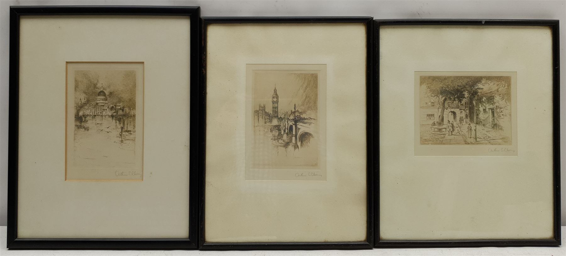 Alexander Cameron (British exh.1921-1929): Coastal Views and Cobblestone Alley, three etchings signed max 11cm x 15cm; Stuart Johnston (British 20th century): Gondoliers Down a Venetian Canal, etching signed and numbered 3, 28cm x 18cm; together with three further etchings by Arthur J Cherry, max 13cm x 9cm (7)