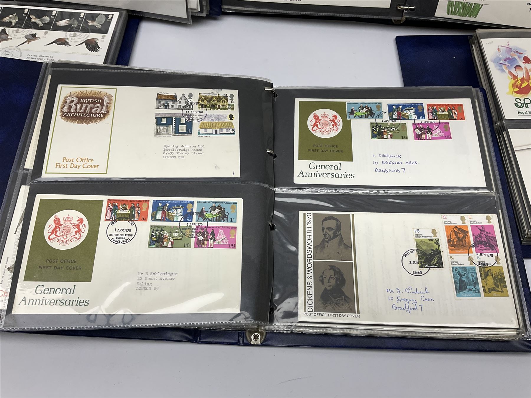 Mostly Great British first day covers, some with special postmarks, from the 1960s to the early 2000s and a small number of Queen Elizabeth II usable postage stamps, housed in eleven ring binder folders