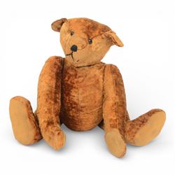 20th century teddy bear, red/brown mohair bear with black plastic eyes, straw filled snout...