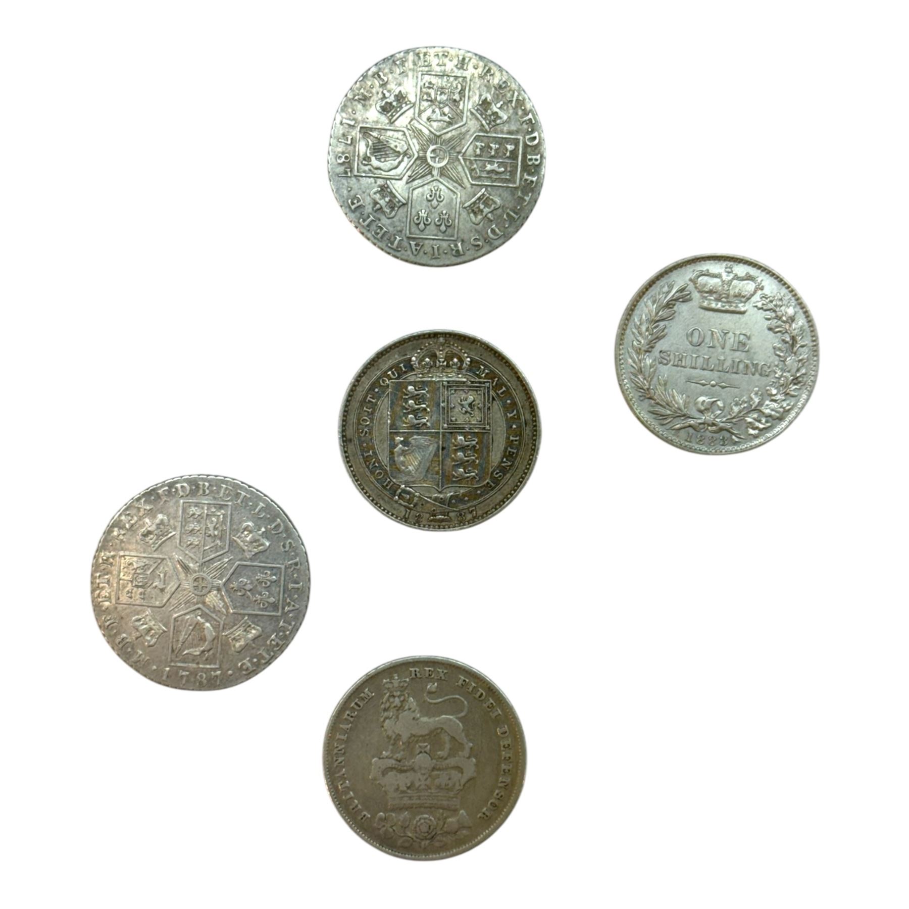 Five silver one shilling coins, comprising two George III 1787, George IV 1826, Queen Victoria 1883 and 1887