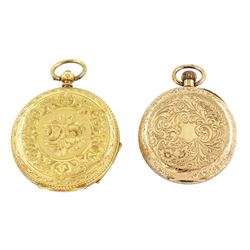 Early 20th century 18ct gold open face, keyless cylinder fob watch, and a 14ct gold fob watch, both with gilt dials with Roman numeral hour markers, cases with engraved foliate decoration, both stamped